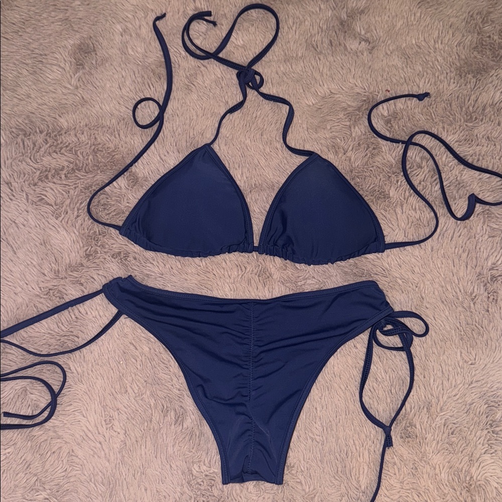 Navy Blue Women's Bikini Set triangle top two piece swim suit string tie side S - Picture 1 of 5
